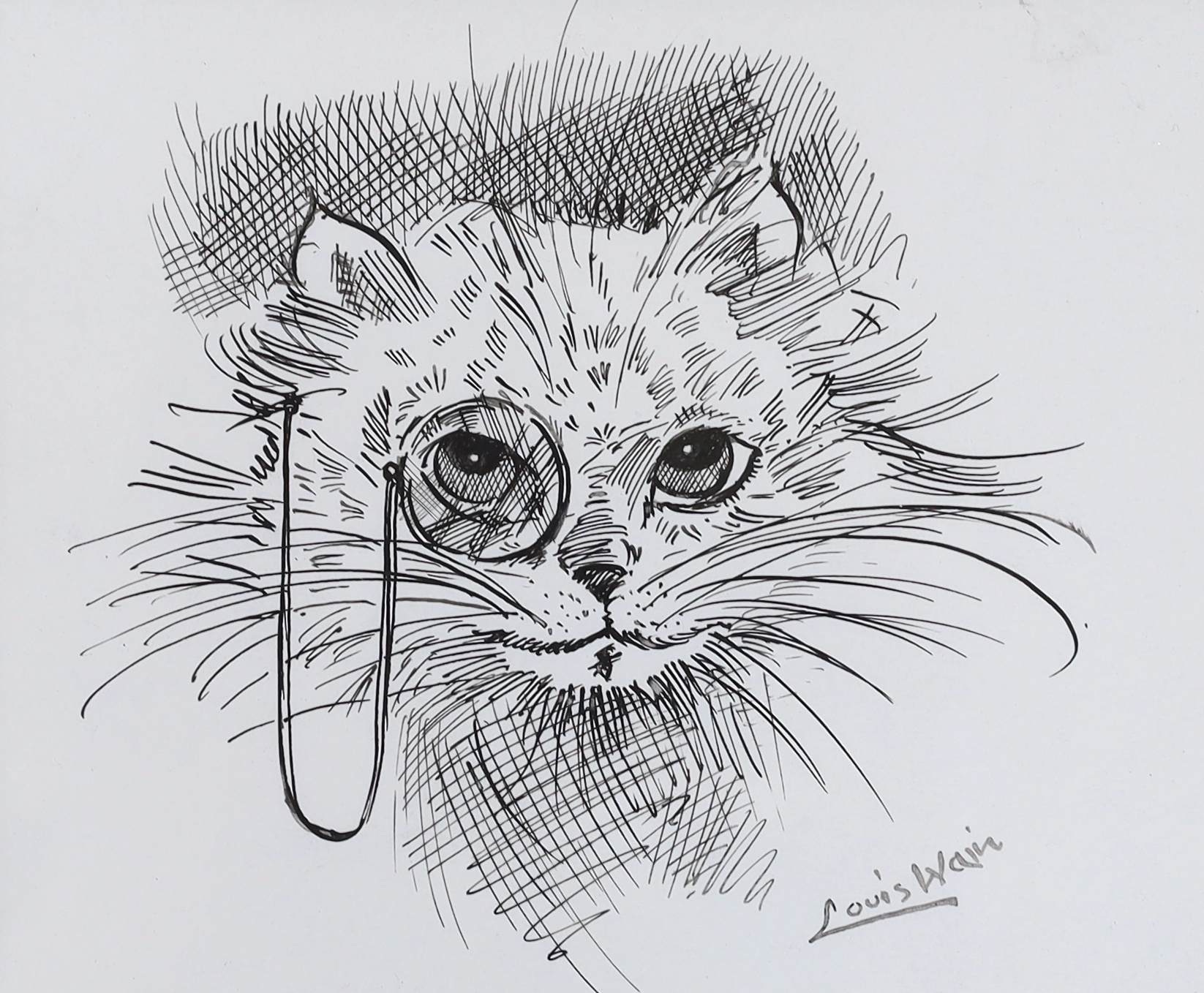 After Louis Wain (1860-1939), ink sketch, Comical study of a cat wearing a monocle, bears signature, 16 x 19cm